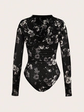 COSMINA Women Black & White Graphic Print Flare-Collar Bodysuit, Autumn